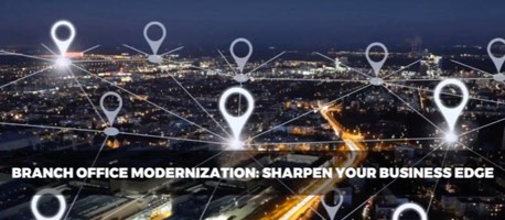 Aerial view of a city at night with geographical marker icons. Reads "Branch Office Modernization: Sharpen Your Business Edge".