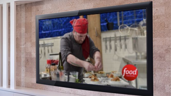 TV screen in lobby, showing the Food Network